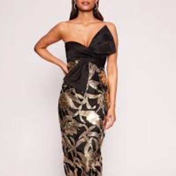 Marchessa Notte Lotus black gold floral sequin bow cocktail holiday midi dress 6 - Picture 5 of 8